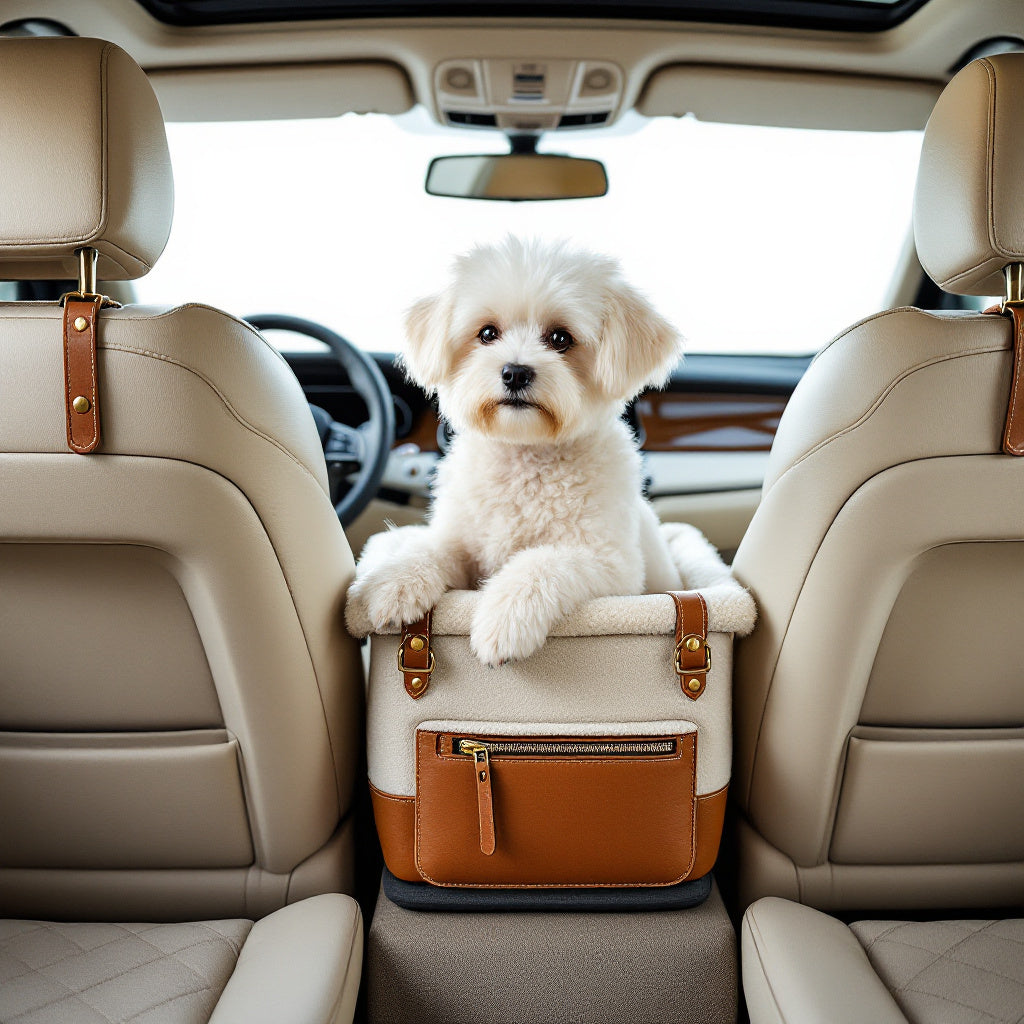 Bone Cream Larkwell dog booster seat on the centre console between the two front seats, small white dog sitting in it at window height