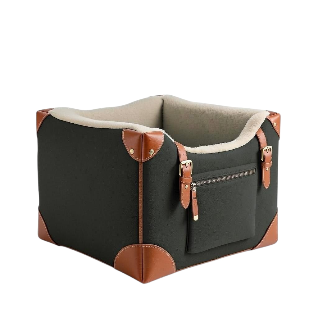Charcoal boiled wool dog booster seat with chestnut tan full-grain leather corners and brass buckles