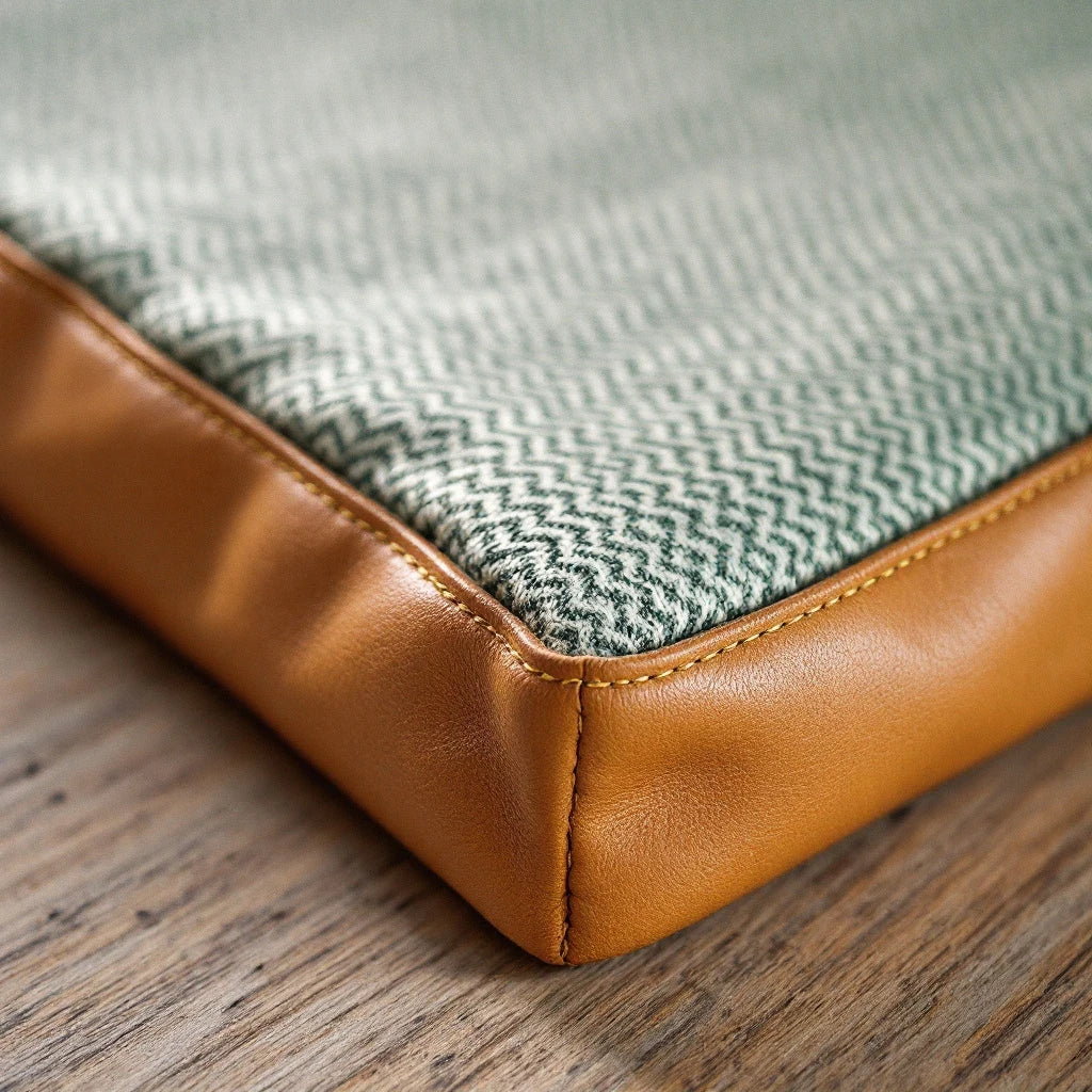 Larkwell The Cool Field Mat in sage green herringbone linen with chestnut tan leather trim and hand-stitched corners.