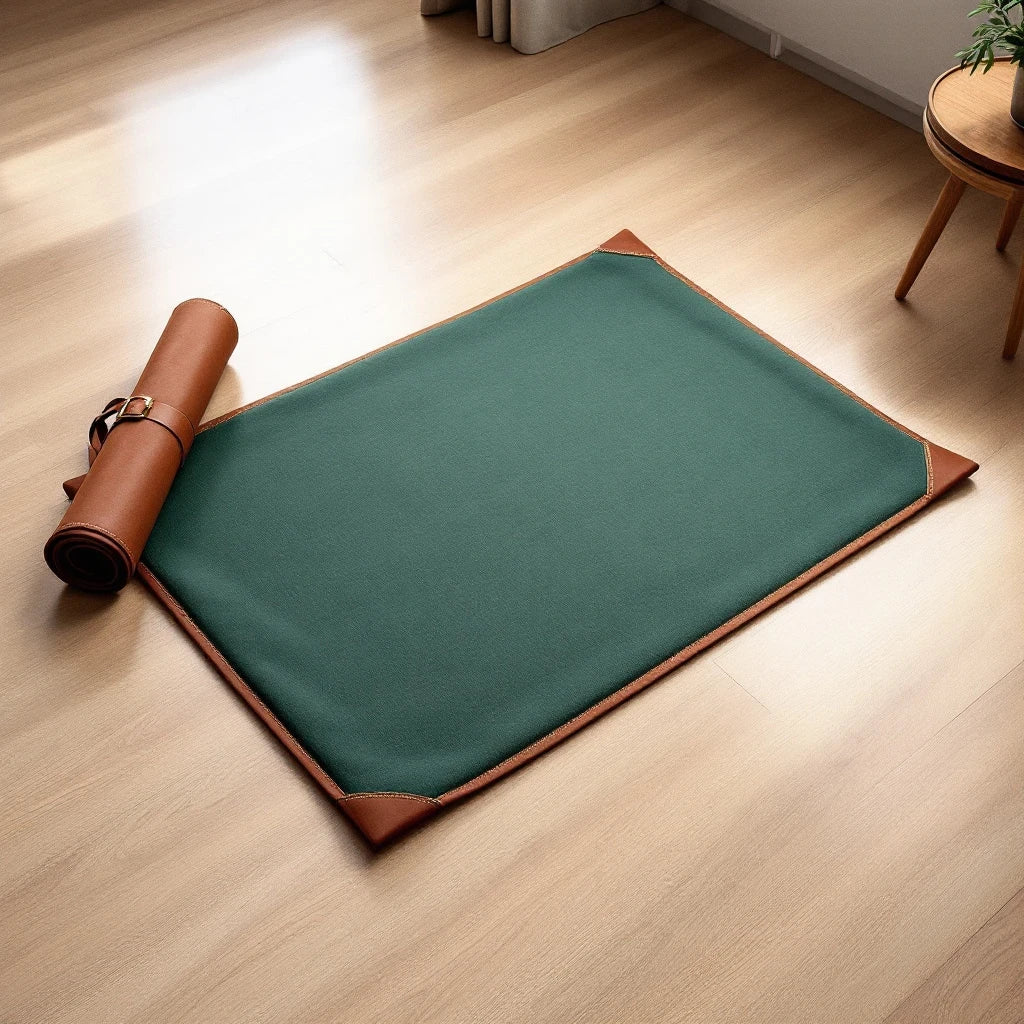 Larkwell The Cool Field Mat in deep forest green linen with chestnut leather trim and a matching rolled travel strap.