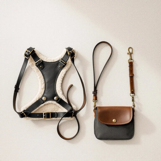 Larkwell The Trail Set featuring a black leather dog harness with shearling lining, a bungee lead, and a treat pouch.