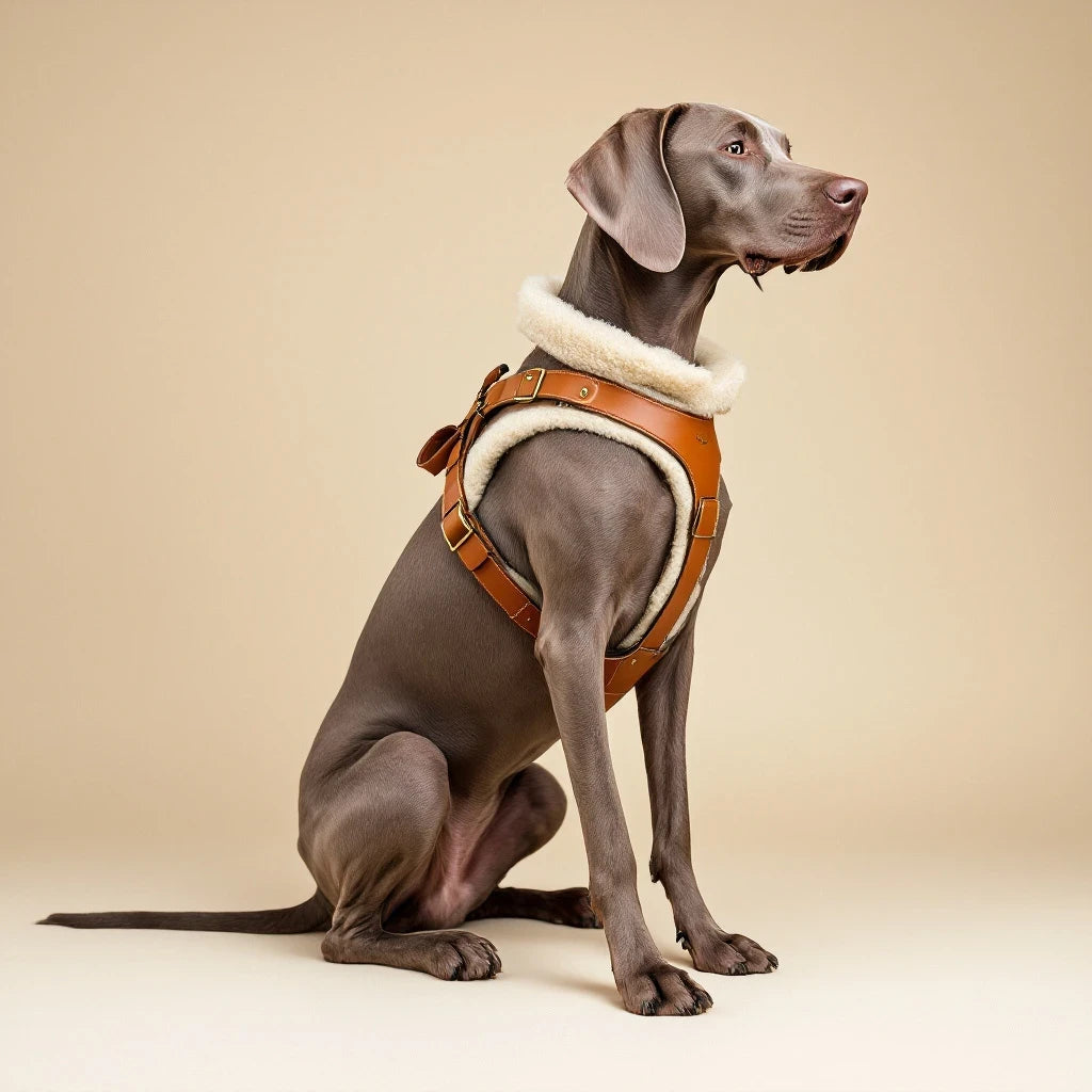 Larkwell The Field Harness in cognac leather with natural shearling lining worn by a Weimaraner dog