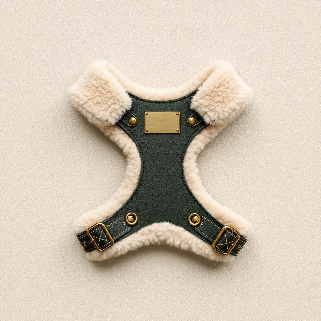 Larkwell Field Harness in Deep Forest green leather with natural shearling lining and solid brass hardware.