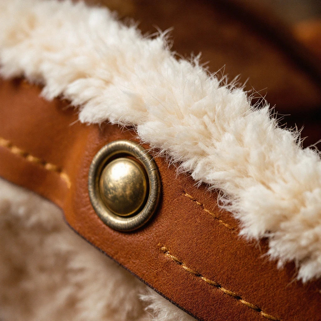 Close-up of Larkwell The Field Harness in cognac leather with soft cream shearling lining and antique brass hardware.