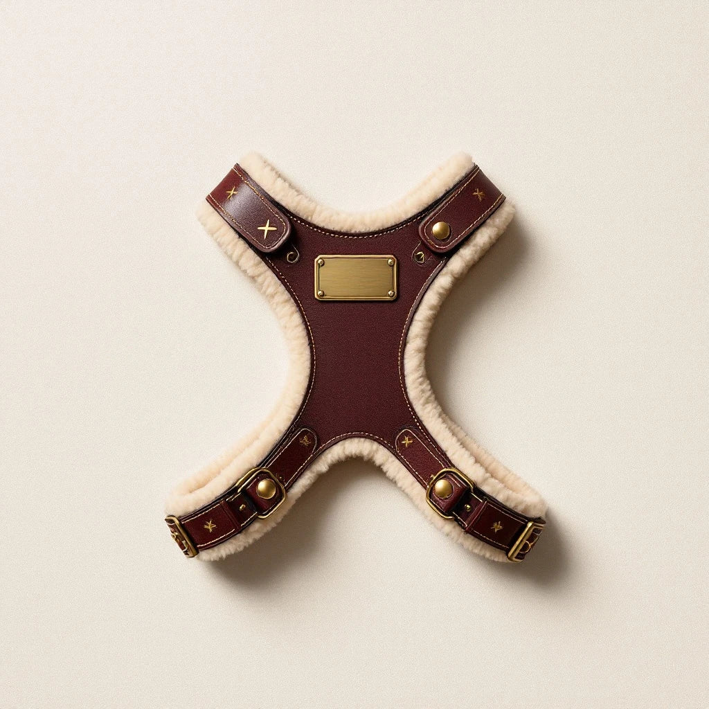 Larkwell The Field Harness in oxblood leather with natural shearling lining, brass hardware, and engraved name plate.