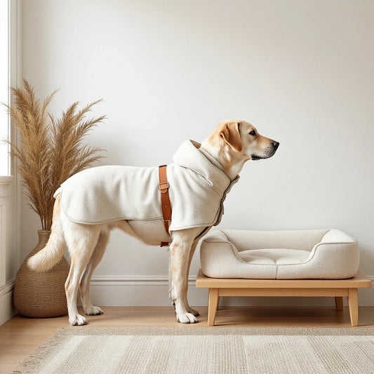 Larkwell The Homecoming Set featuring a cream bamboo-terry dog robe and a bolstered memory-foam dog bed on an oak frame.