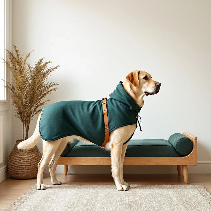 Larkwell The Homecoming Set featuring a green bamboo-terry dog robe and matching bolstered oak dog bed with a Labrador