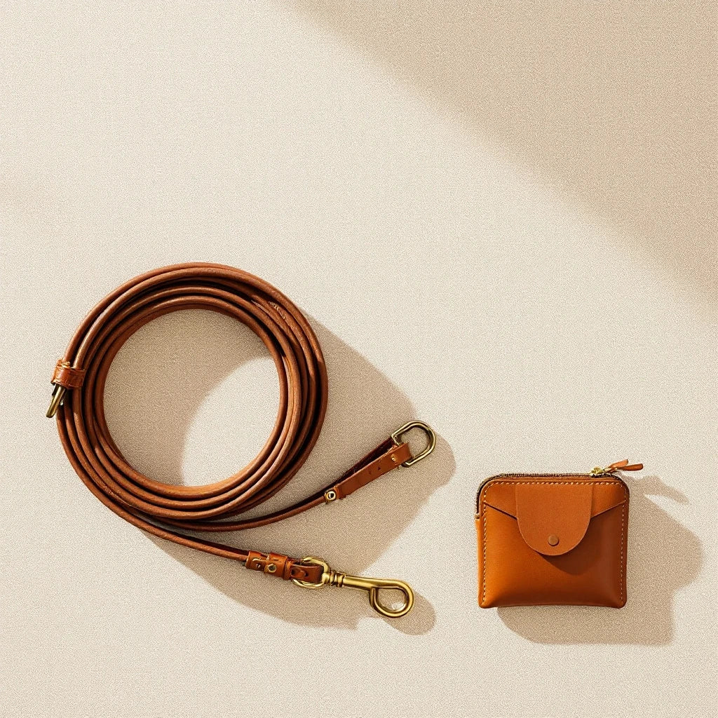 Larkwell Night Walk Set featuring a rolled brown leather dog lead with brass hardware and a matching leather pouch.