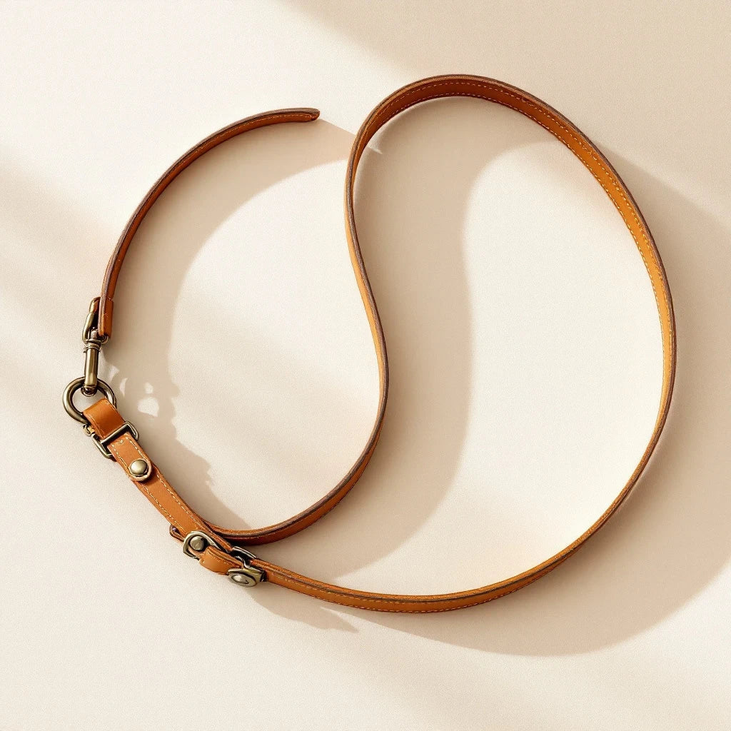Larkwell The Safe Tether in chestnut tan leather with antique brass screw-lock hardware and steel adjuster