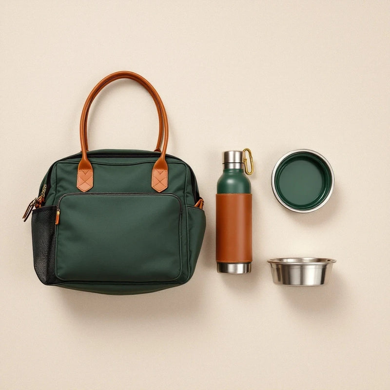 Larkwell The Long Weekend Set including a green quilted dog carrier, stainless steel flask with leather sleeve, and bowl
