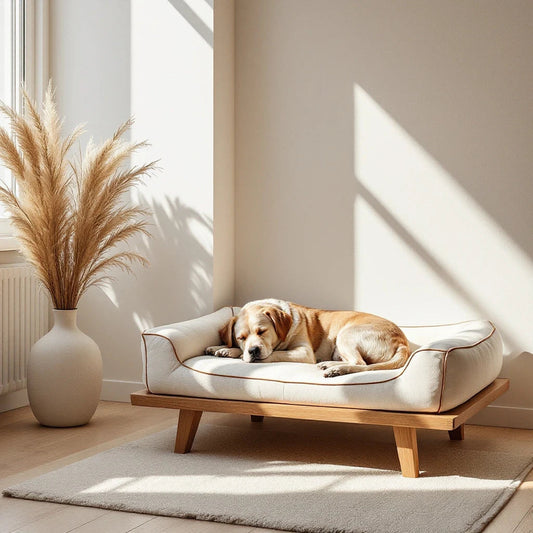 Larkwell The Manor Bed in cream bouclé with a solid oak frame and a dog sleeping on it in a bright living room