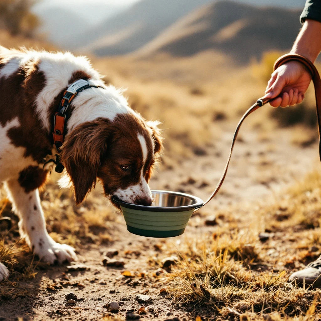Larkwell The Trail Bowl in Deep Forest green with a stainless steel basin, held by a leather lead for a dog outdoors.