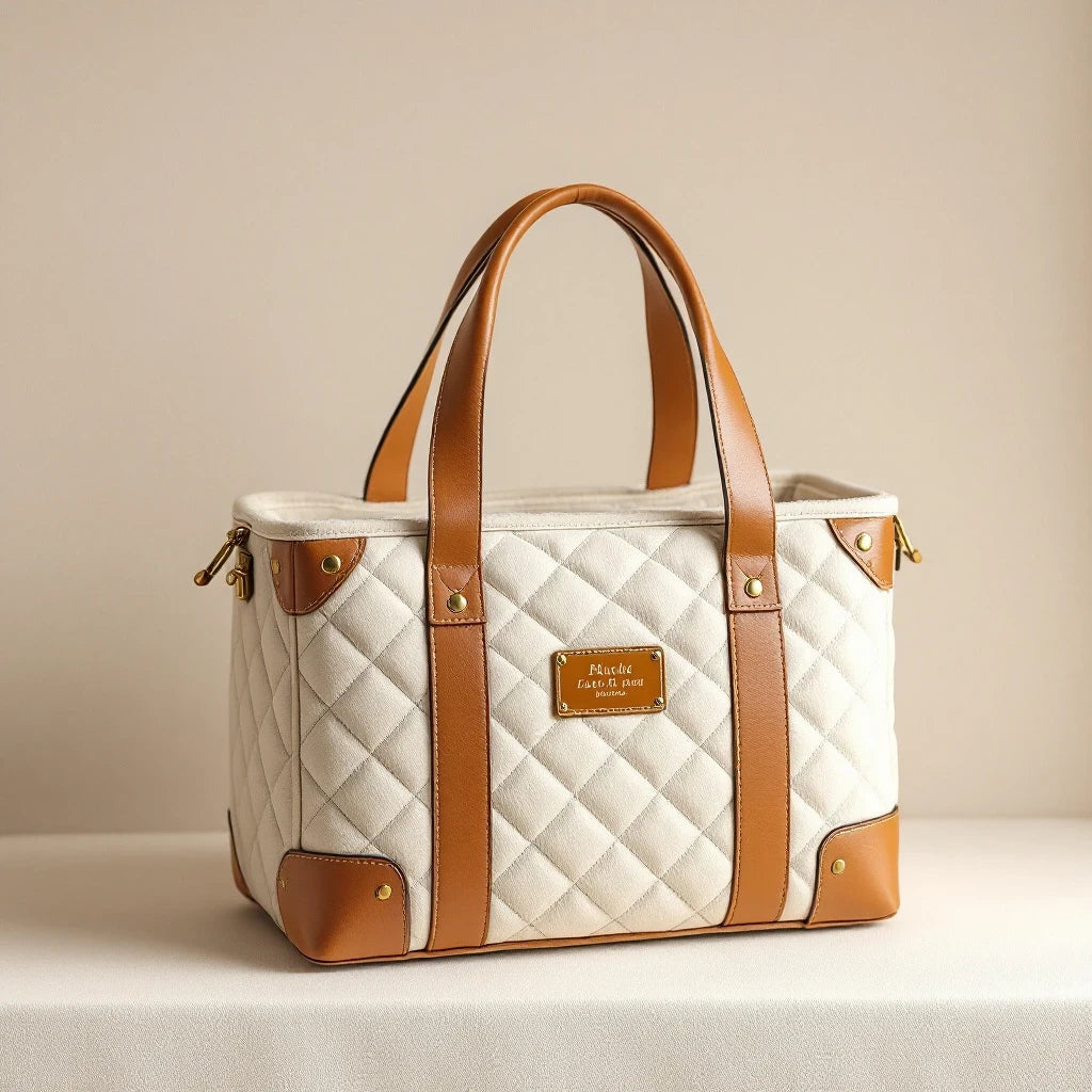 Larkwell The Voyager cream quilted bouclé dog carrier with tan leather handles, brass hardware, and structured frame.