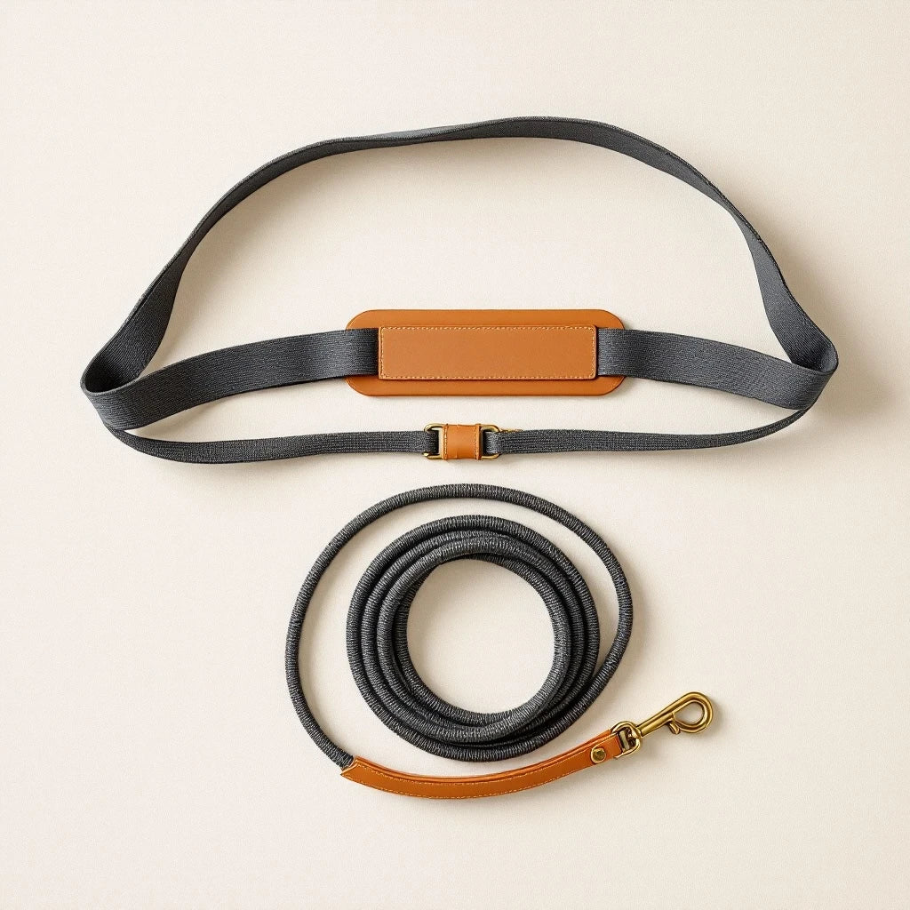 Larkwell The Trail Runner hands-free dog leash in charcoal and tan leather with brass hardware and waist belt