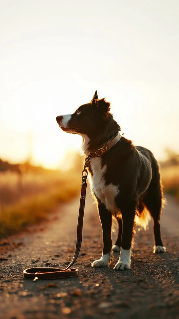 A border collie on a country path at sunset wearing a Larkwell leather collar with the Wander Lead trailing behind.