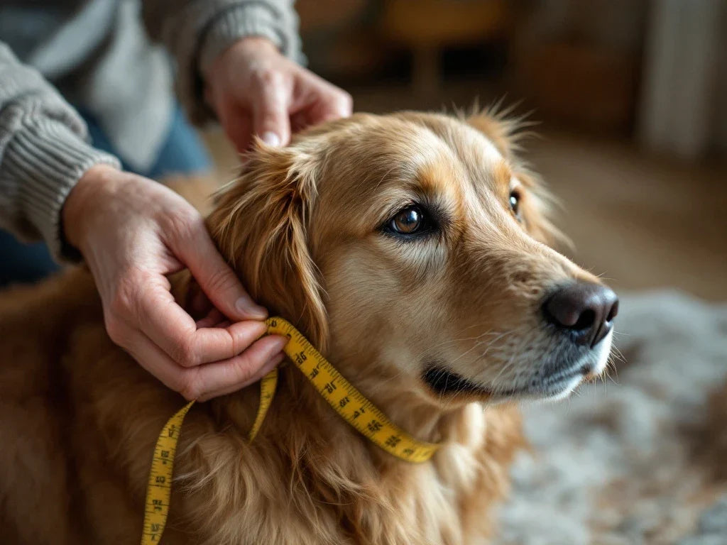 Hands holding a soft tape measure around the base of a golden retriever's neck, with two fingers slipped under the tape.