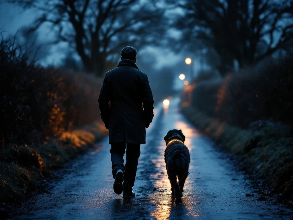 A person walking a dog away down a wet country lane at dusk, the dog's collar glowing warm amber.