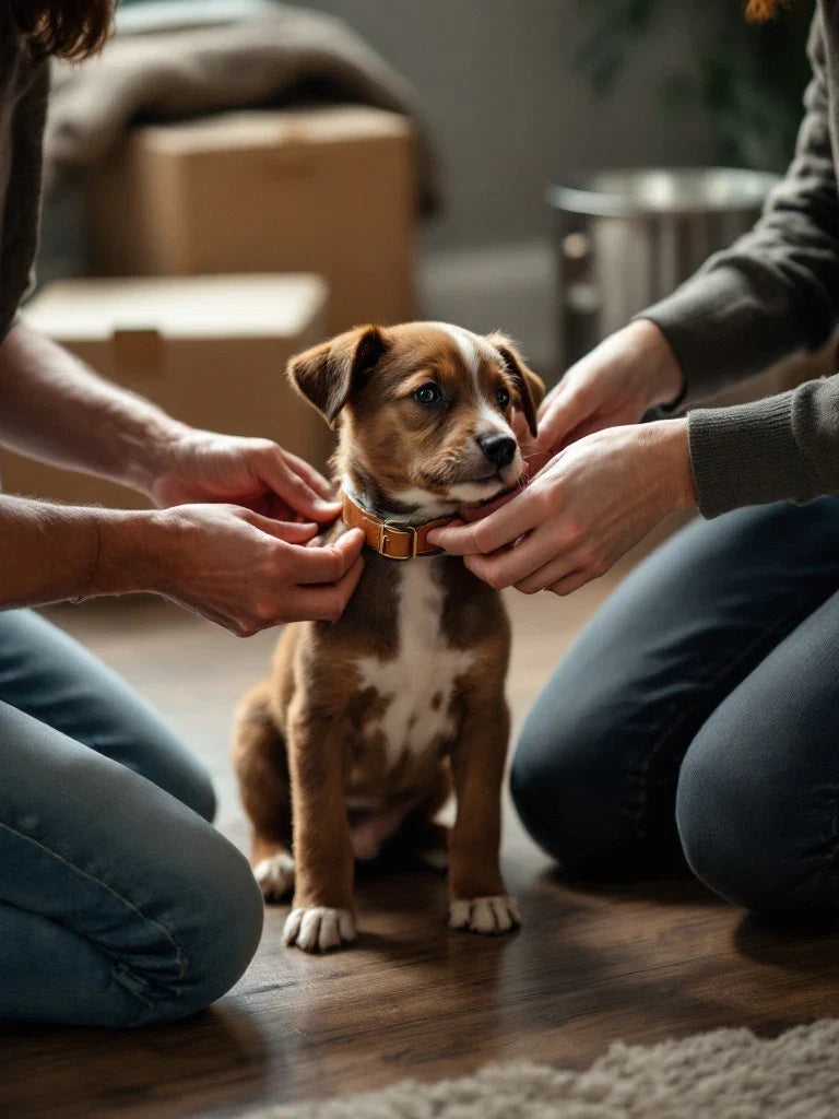 Two hands fastening a small chestnut tan leather collar on an eight-week-old puppy on its first morning in a new home