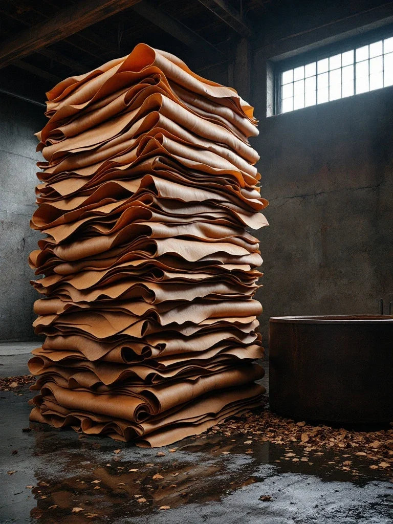 A tall stack of vegetable-tanned full-grain leather hides in an old tannery beside a tanning drum