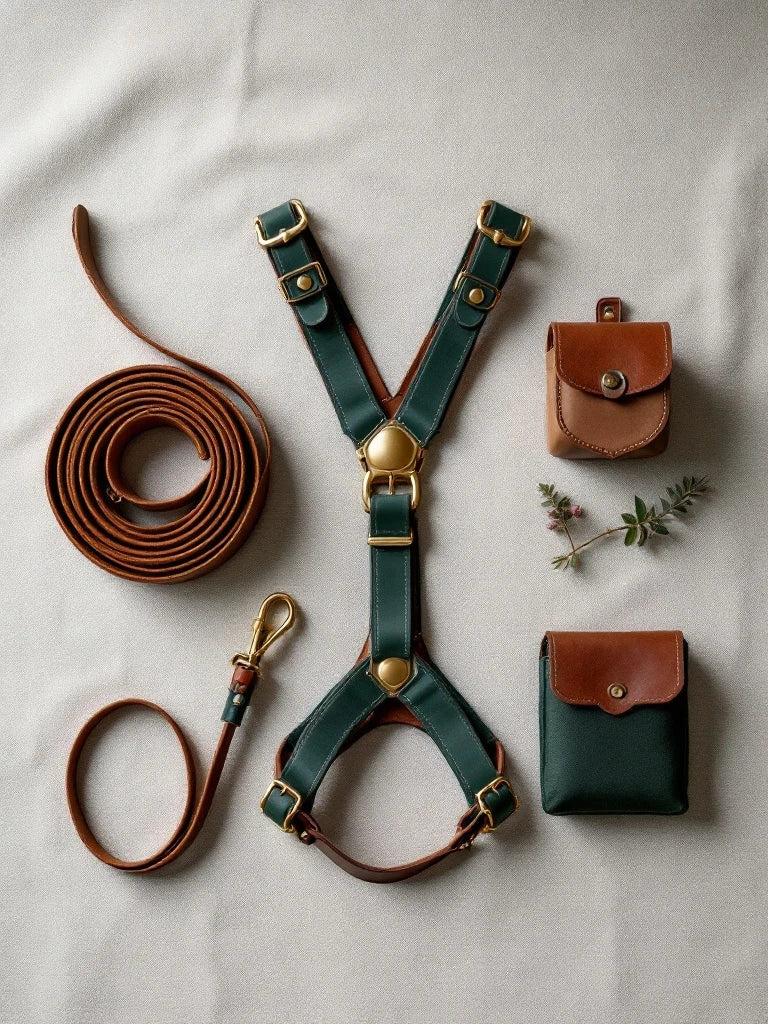 A matched deep forest green Larkwell harness, lead and pouch laid out on bone linen.