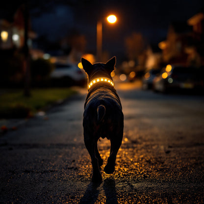 Dog walking away down a dark street at night, the Larkwell light-up collar clearly visible from behind