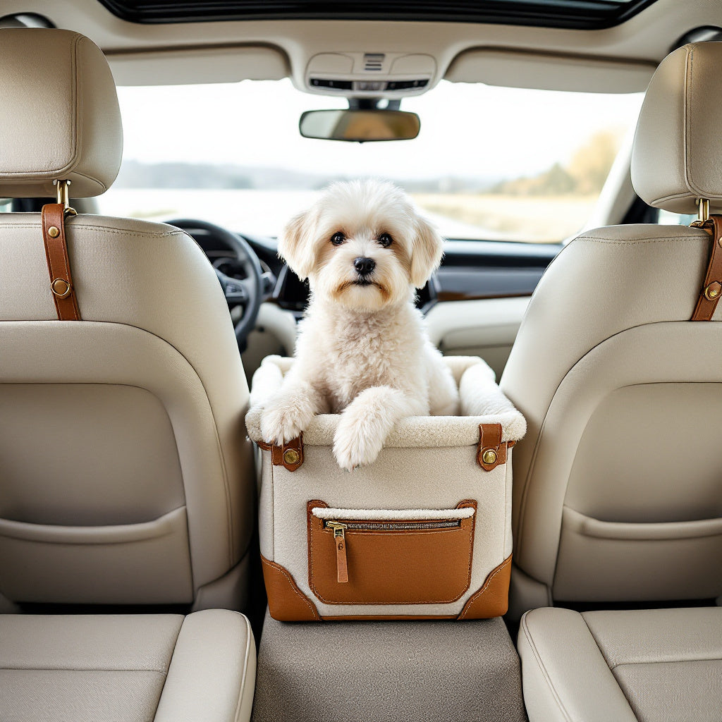 Larkwell centre console dog booster seat seen from the back seat, dog raised to window height between the front seats