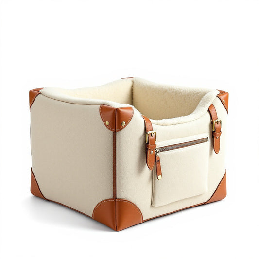 Bone Cream boiled wool dog booster seat with chestnut tan full-grain leather corners and brass buckles