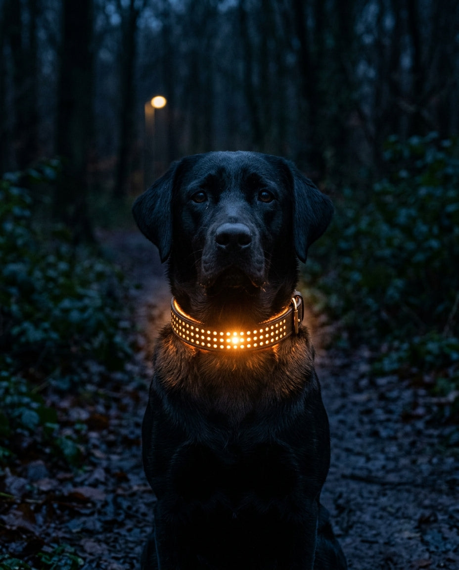 Black Labrador sitting on a woodland path at night wearing the Larkwell light-up leather dog collar, rows of warm amber light glowing through the perforated leather