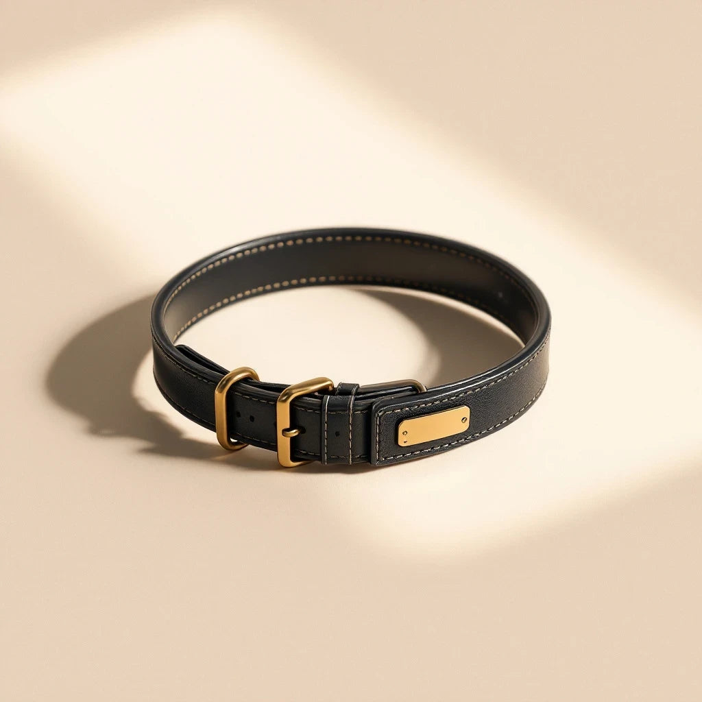 Larkwell black full-grain leather dog collar with perforated pattern, antique brass buckle, and engraved name plate.