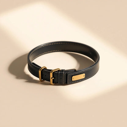 Larkwell black full-grain leather dog collar with perforated pattern, antique brass buckle, and engraved name plate.