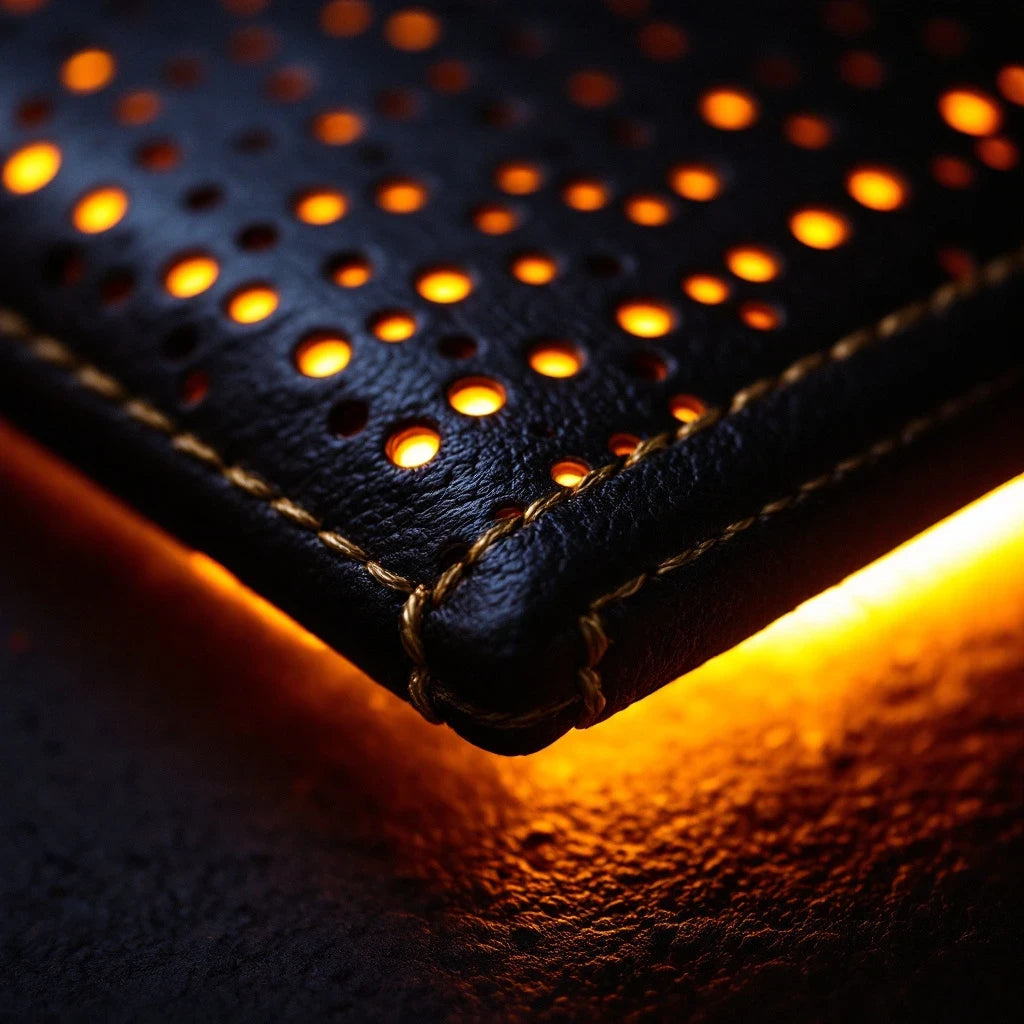 Larkwell The Glow Collar in black leather with warm amber light glowing through a perforated dot pattern