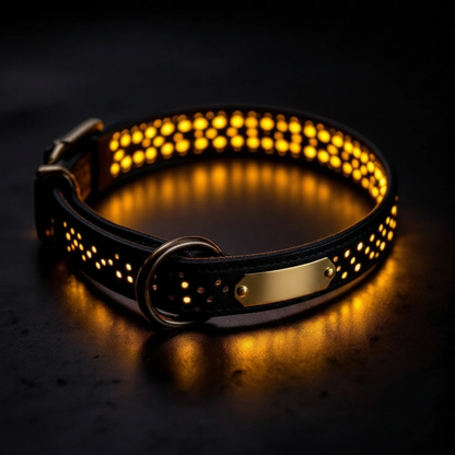 Larkwell black full-grain leather dog collar with perforated pattern glowing with warm amber light and brass hardware