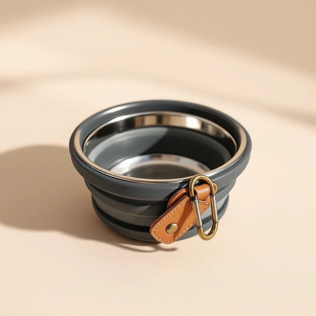 Larkwell The Trail Bowl in charcoal with a stainless steel basin, silicone walls, and a brass carabiner on leather.
