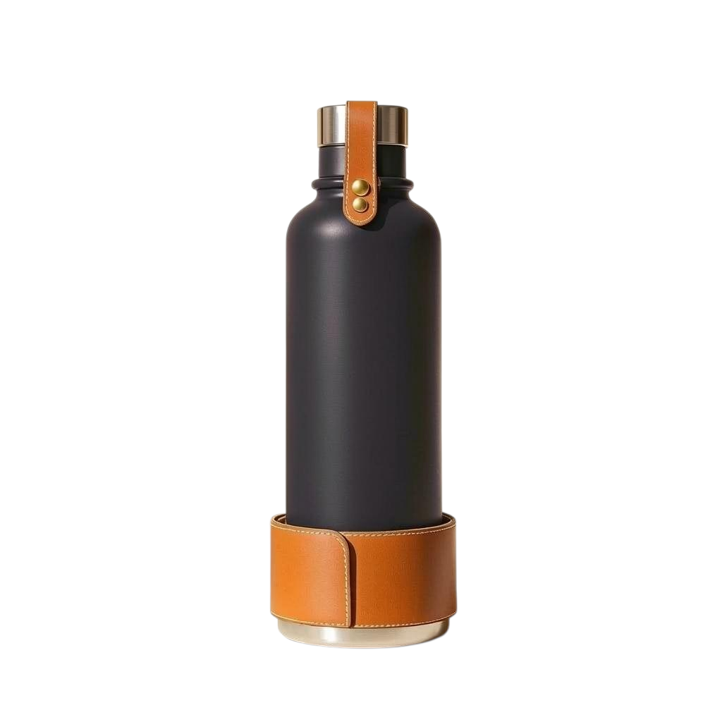 Larkwell insulated dog water bottle in charcoal with a tan leather sleeve, brass rivets, and magnetic steel bowl base.
