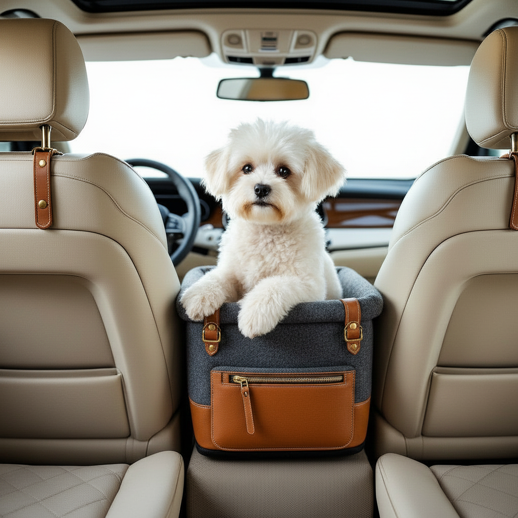 Charcoal Larkwell dog booster seat mounted on the car centre console with a small white dog sitting in it