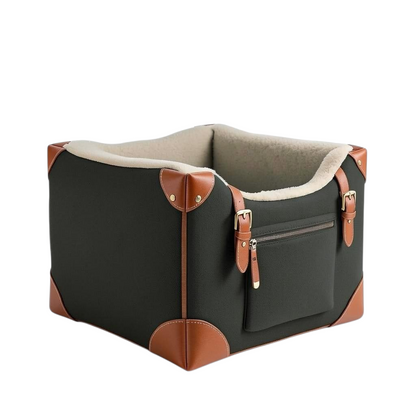 Charcoal boiled wool dog booster seat with chestnut tan full-grain leather corners and brass buckles