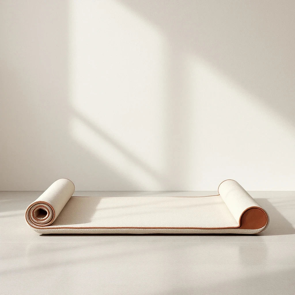 Larkwell The Cool Field Mat in bone cream linen with chestnut leather trim, partially rolled for travel.