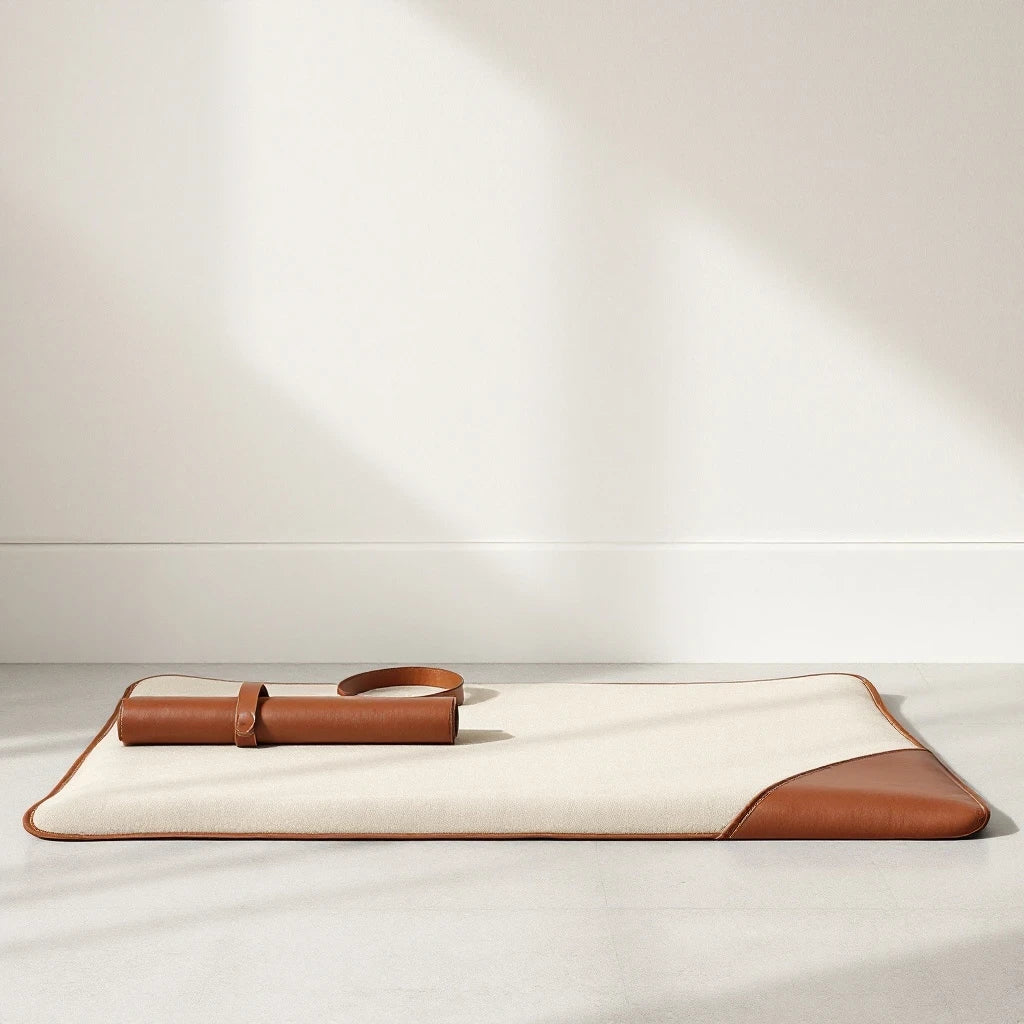 Larkwell The Cool Field Mat in bone cream linen with chestnut leather trim and matching leather travel roll strap.