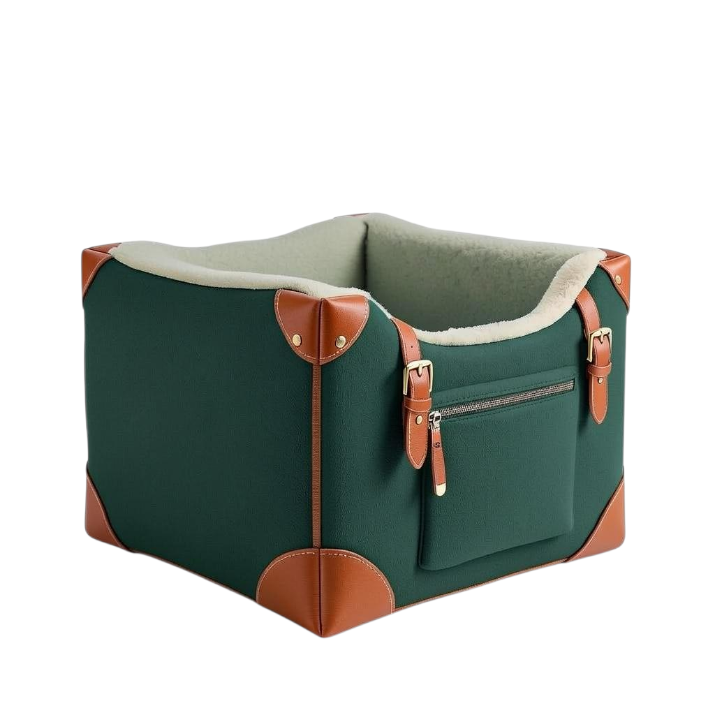 Deep Forest boiled wool dog booster seat with chestnut tan full-grain leather corners and brass buckles
