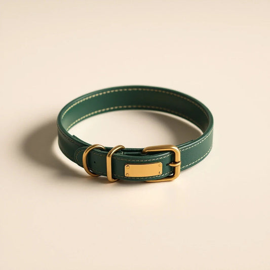 Larkwell The Wander Collar in Deep Forest green vegetable-tanned leather with solid brass buckle and name plate.