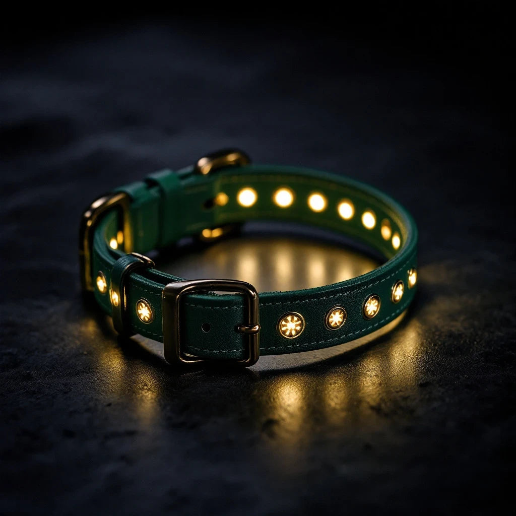 Larkwell The Glow Collar in Deep Forest green leather with warm white illuminated perforated dot patterns.
