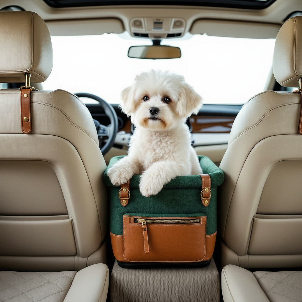 Deep Forest Larkwell dog booster seat mounted on the car centre console with a small white dog sitting in it