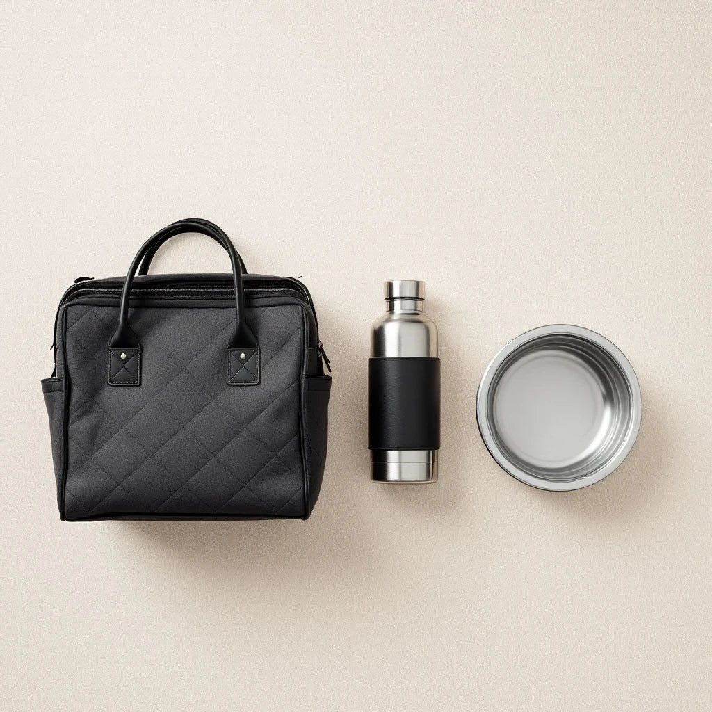 Larkwell The Long Weekend Set including a black quilted dog carrier, stainless steel flask, and collapsible bowl.