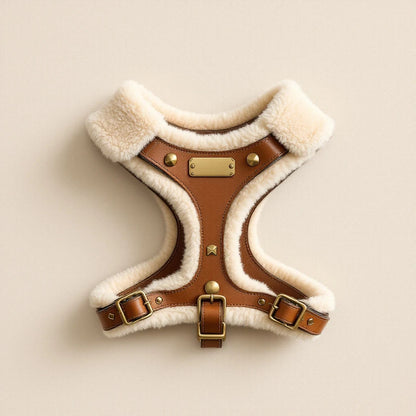 Larkwell The Field Harness in cognac leather with cream shearling lining and antique brass hardware.