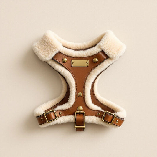 Larkwell The Field Harness in cognac leather with cream shearling lining and antique brass hardware.