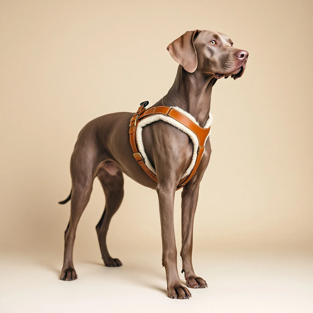 Larkwell The Field Harness in cognac leather with natural shearling lining worn by a Weimaraner dog
