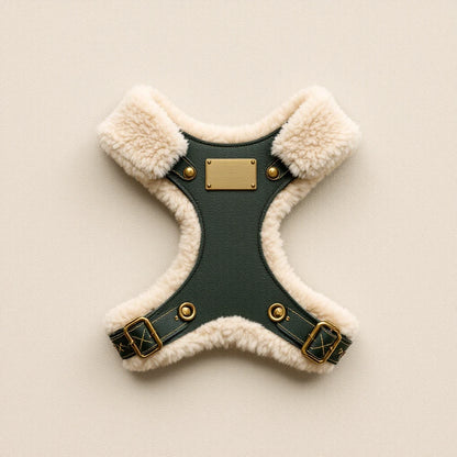 Larkwell Field Harness in Deep Forest green leather with natural shearling lining and solid brass hardware.