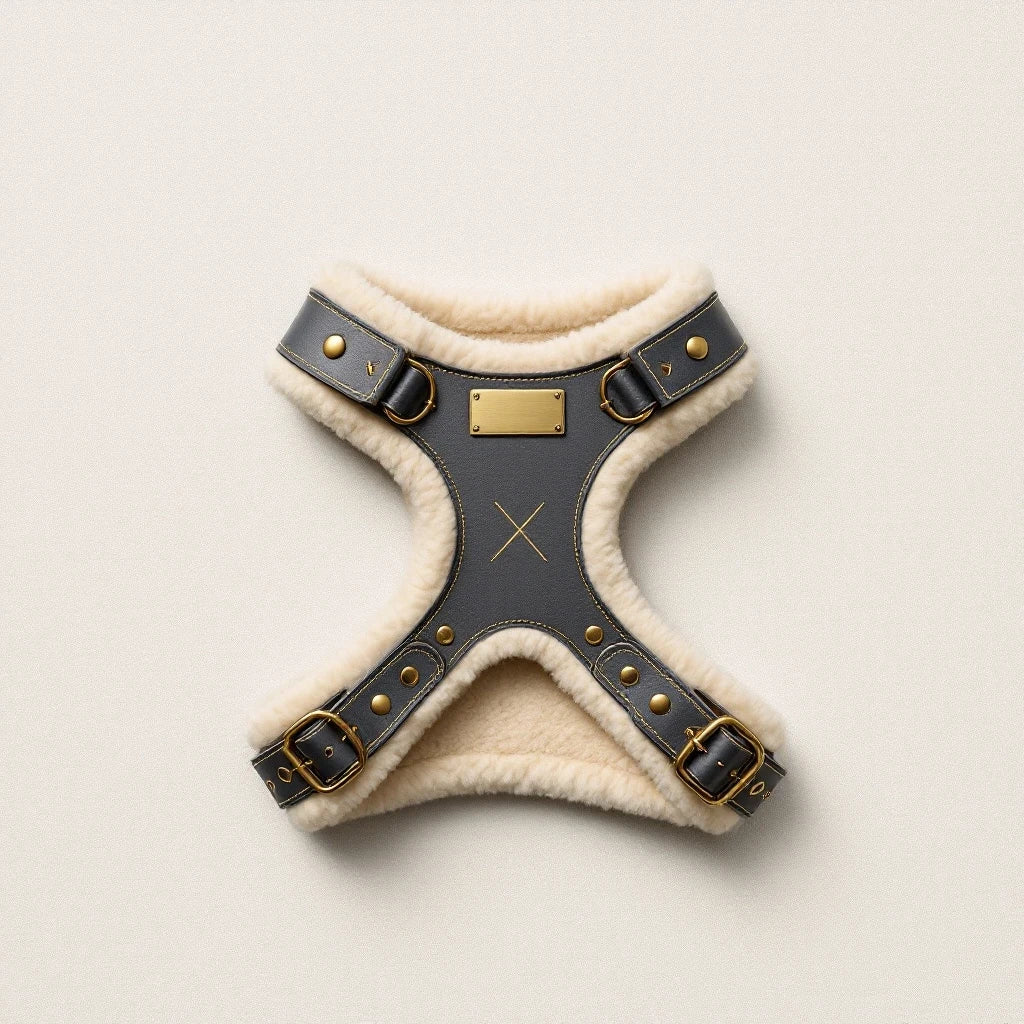 Larkwell The Field Harness in slate grey leather with natural shearling lining and solid brass hardware.