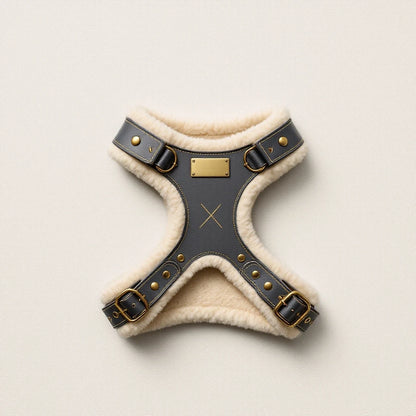 Larkwell The Field Harness in slate grey leather with natural shearling lining and solid brass hardware.