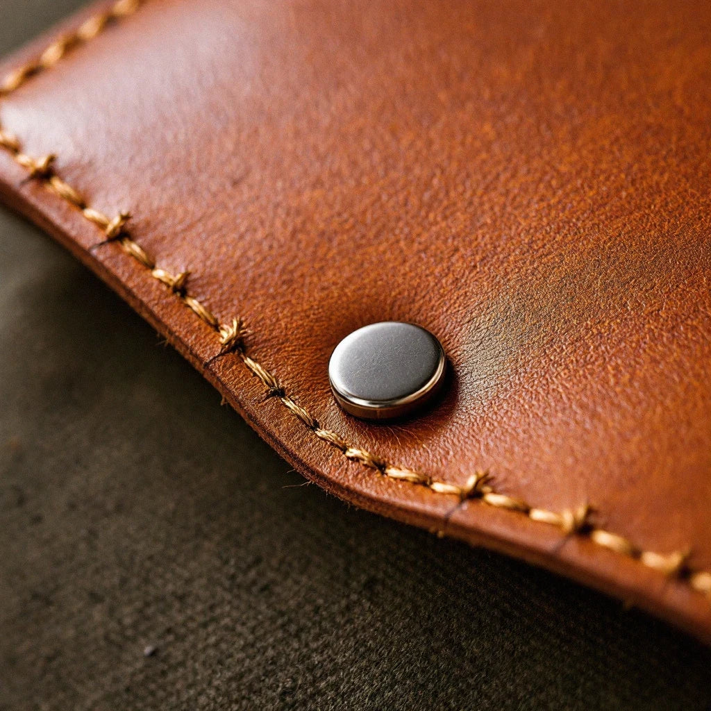 Close-up of the Larkwell Field Pouch showing the full-grain tan leather flap with contrast stitching and metal stud.